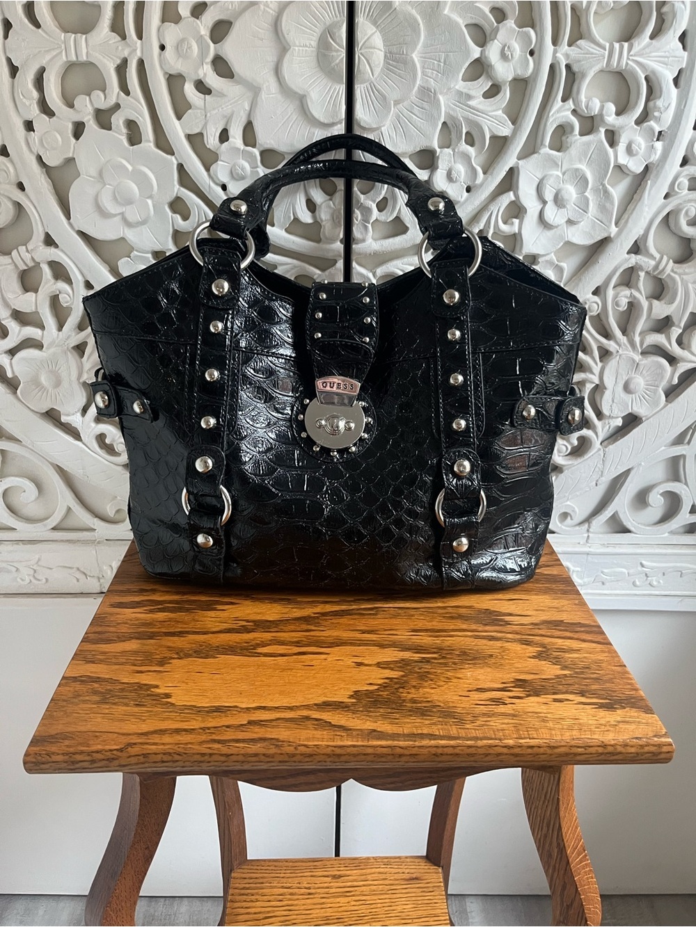 Guess Patent Croc Embossed Tote Bag Black Silver Studded Y2K Shoulder Purse